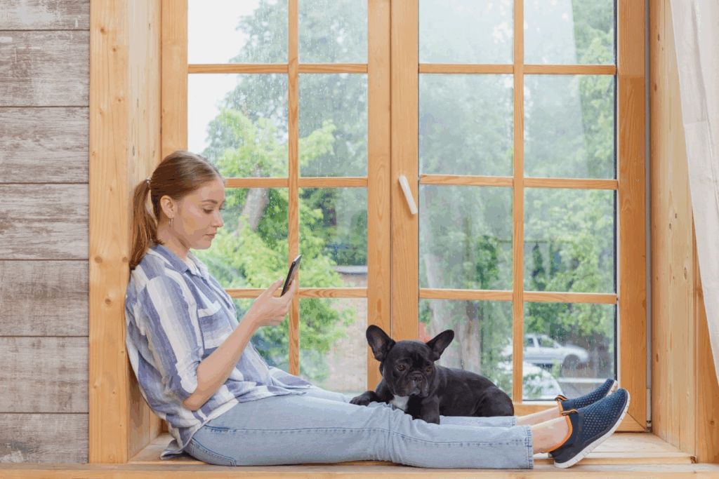 窓辺でスマホを触る女性と膝に乗る犬