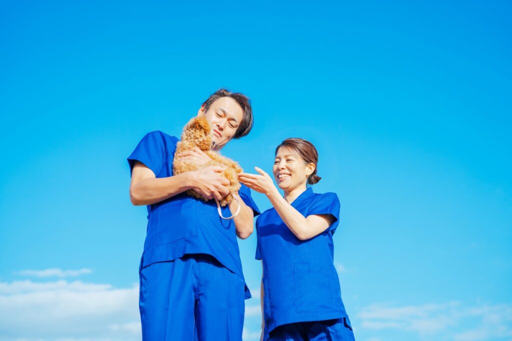 犬を抱っこする動物病院スタッフ